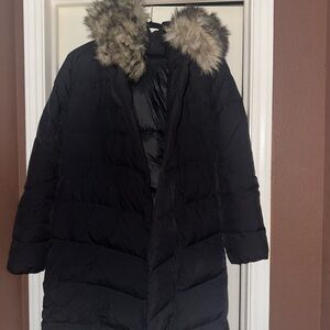 Ralph Lauren Black Puffer Coat with Faux Fur Hood Full length